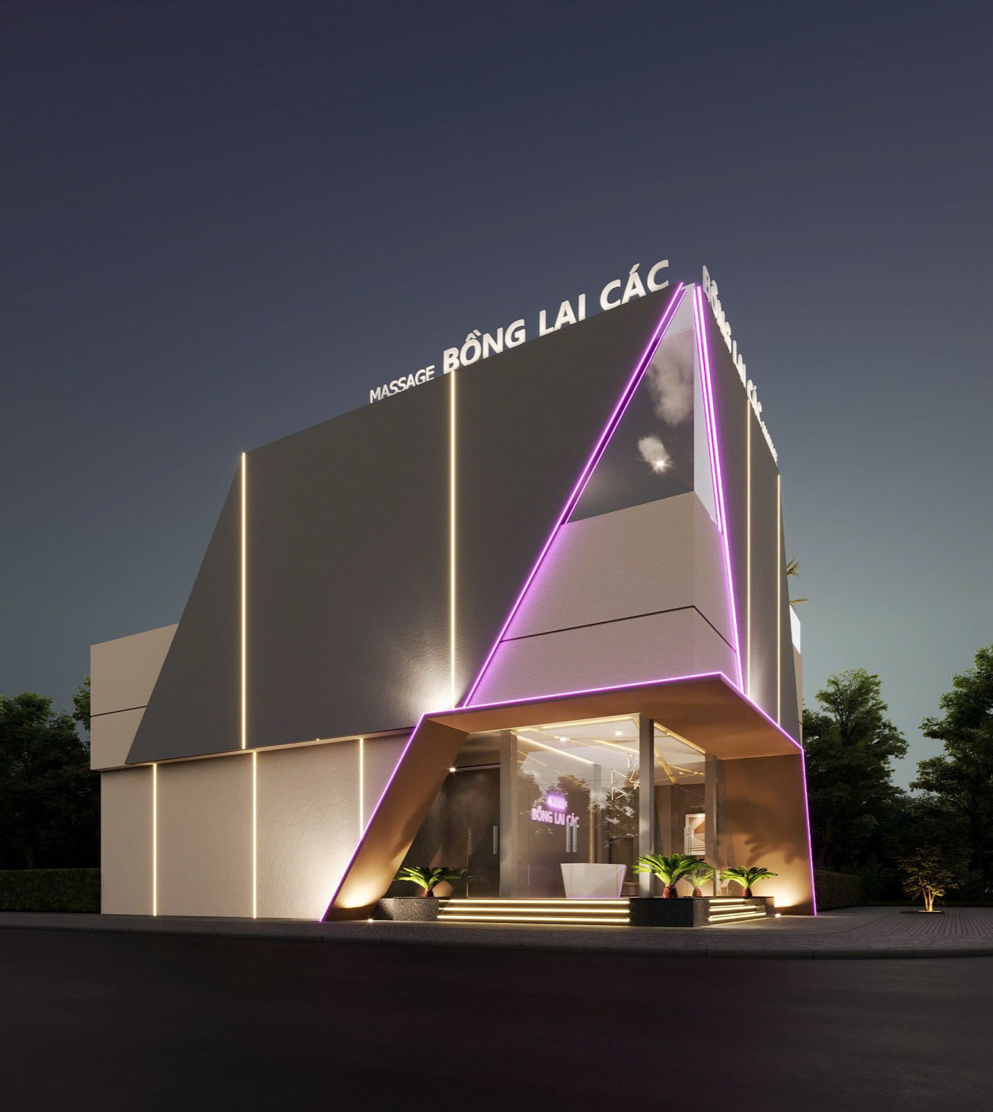 Massage Bồng Lai Các 夜間建築外觀、紫色燈帶與玻璃入口